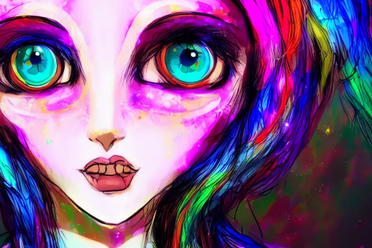 Prompt: girl with cat ears, psychedelic, lsd, trending on artstation, anime style, close up portrait, 4 k