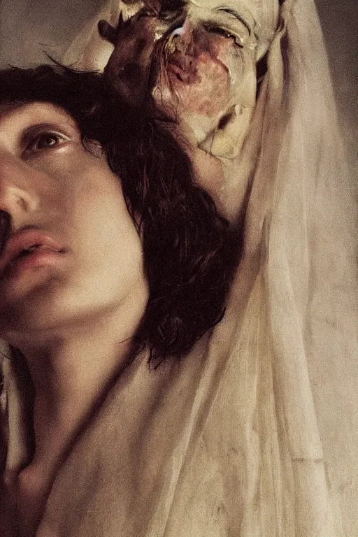 Prompt: hyperrealism close - up fashion portrait by roversi photo from the holy mountain by alejandro jodorowsky in style of francisco goya