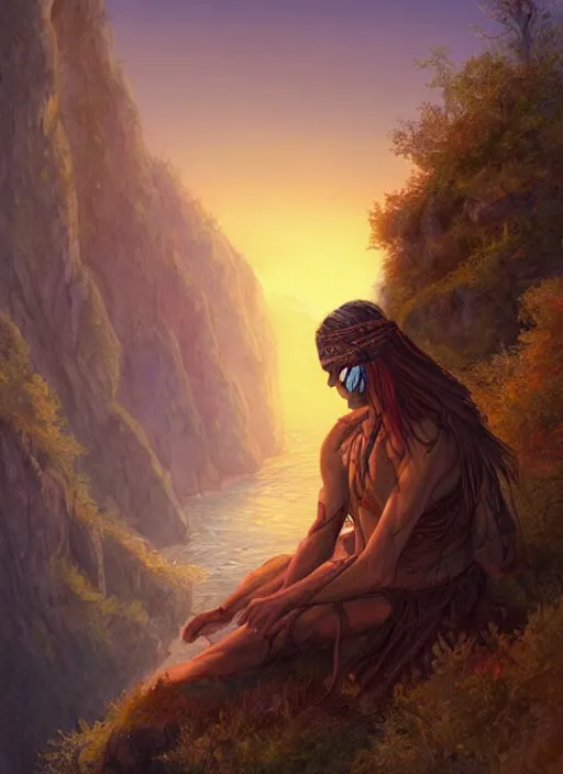 Image similar to an shaman sitting at the top of a cliff, looking down at the valley, doing a vision quest, beautiful sunset, art by charlie bowater