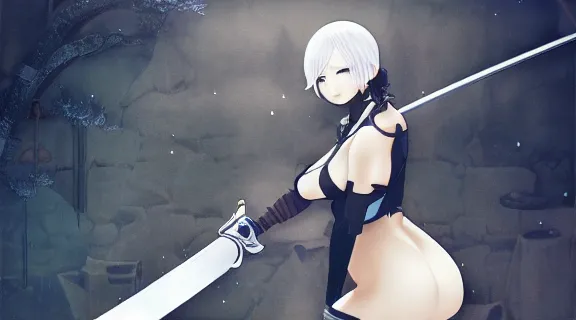 Prompt: Nier Automata HOLDING A KATANA sideways | Moonlit Night | strong blue rimlit | visual-key | anime illustration by Yang-Do | highly detailed