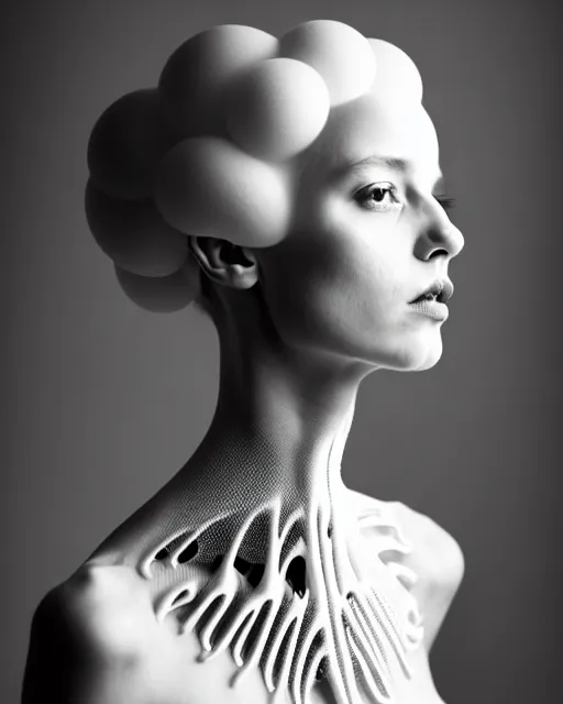 Image similar to dreamy foggy elegant soft luminous bw profile face portrait photo, beautiful young biomechanical - porcelain - female - cyborg with a delicate detailed mandelbrot fractal texture skin and a very long neck with gothic pearl embroidered collar, halo, white smoke atmosphere, rim light, by cecile beaton, 8 k