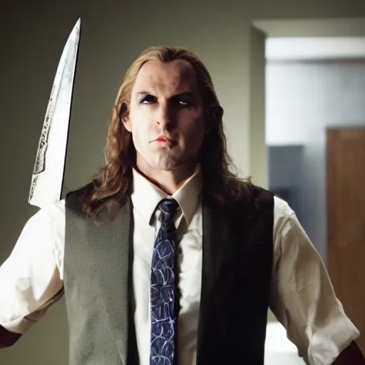 Image similar to arthas menethil as the american psycho, cinematic still