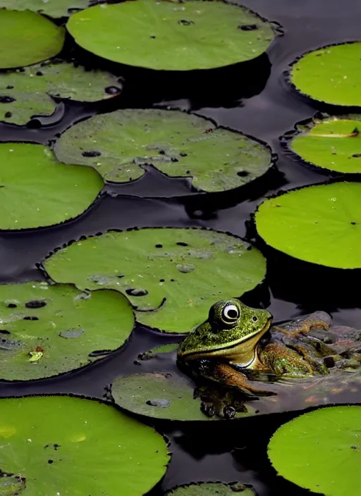 Image similar to dark clouds, close - up of a moody frog in the pond with water lilies, shallow depth of field, highly detailed, autumn, rain, bad weather, ominous, digital art, masterpiece, matte painting, sharp focus, matte painting, by isaac levitan, asher brown durand,