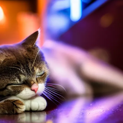 Image similar to an adorable cat snorting cocaine off of a dimly lit bar, professional photography, 8k