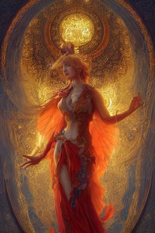 Image similar to tarot card artstation, portrait of a winged love dancer, sunrise, baroque ornament and rococo ornament, ancient chinese ornate, hyperdetailed, beautiful lighting, craig mullins, mucha, klimt, yoshitaka amano, red and gold and orange color palette