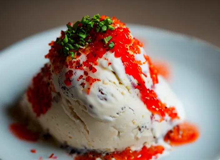 Image similar to dslr food photograph of ice cream sundae topped with salmon roe and wasabi drizzle, 8 5 mm f 1. 8