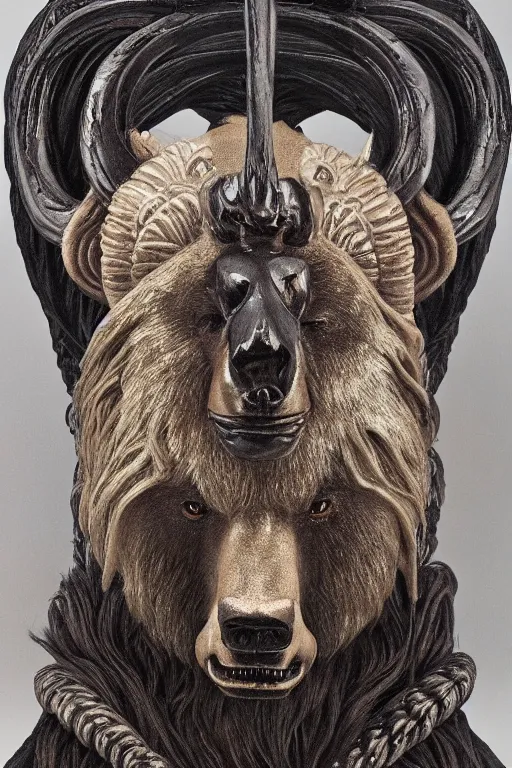 Image similar to sideview waist up portrait of bear baphomet made with porcelain by jeff easley and peter elson, beautiful eyes and face, symmetry face, galaxy, gothic, surreal, dread, highly detailed, intricate complexity, epic composition, magical atmosphere, masterpiece, award winning, trending on artstation