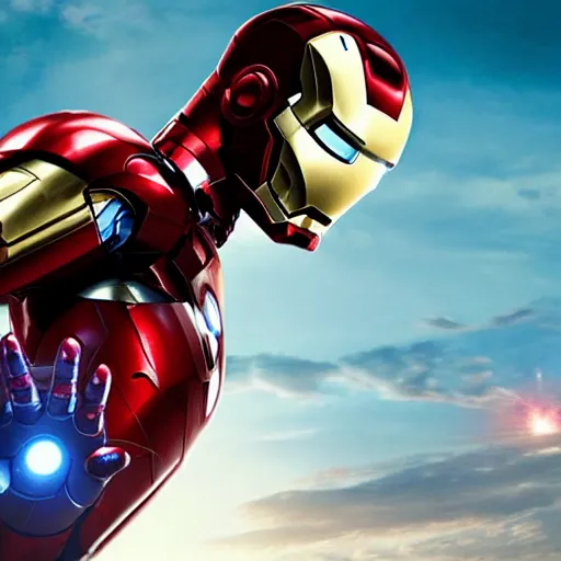 Image similar to promotional image of Chris Hemsworth as Iron Man in Iron Man（2008）, he wears Iron Man armor without his face, movie still frame, promotional image, imax 70 mm footage