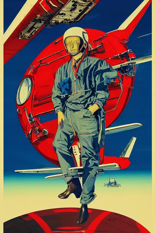 Prompt: a poster of a man riding a plane in the air, poster art by otomo katsuhiro, pixiv, retrofuturism, official art, reimagined by industrial light and magic, poster art