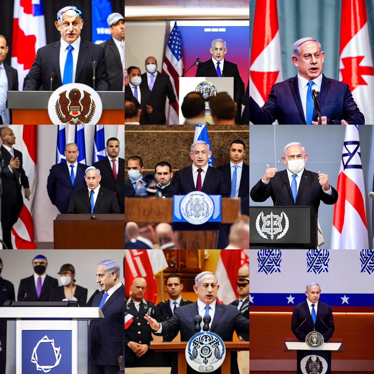 Prompt: photograph of Benjamin Netanyahu giving a speech while many bodyguards wearing suits and medical masks are standing behind him ,a podium is in front of him, official media, 4K, news photography