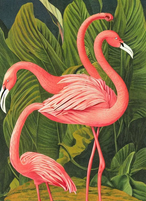 Prompt: python wrapped around a flamingo, tropical plants, botanical, biology, artist john audubon