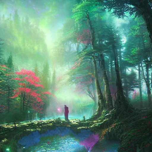 Prompt: super colorful fantasy forest artwork, intricate, thomas kinkade, super wide angle, matte painting, scenic view, by marc simonetti, anato finnstark