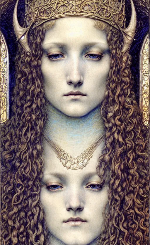 Image similar to detailed realistic beautiful young medieval queen face portrait by jean delville, gustave dore and marco mazzoni, art nouveau, symbolist, visionary, gothic, pre - raphaelite. horizontal symmetry