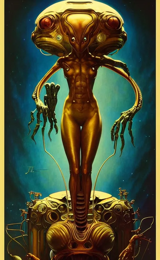 Image similar to exquisite imaginative alien creature poster art, humanoid, gold, movie art, by lucusfilm, weta studio, tom bagshaw, james jean, frank frazetta alphonso mucha, norman rockwell, giu, moebius, 8 k, denoised