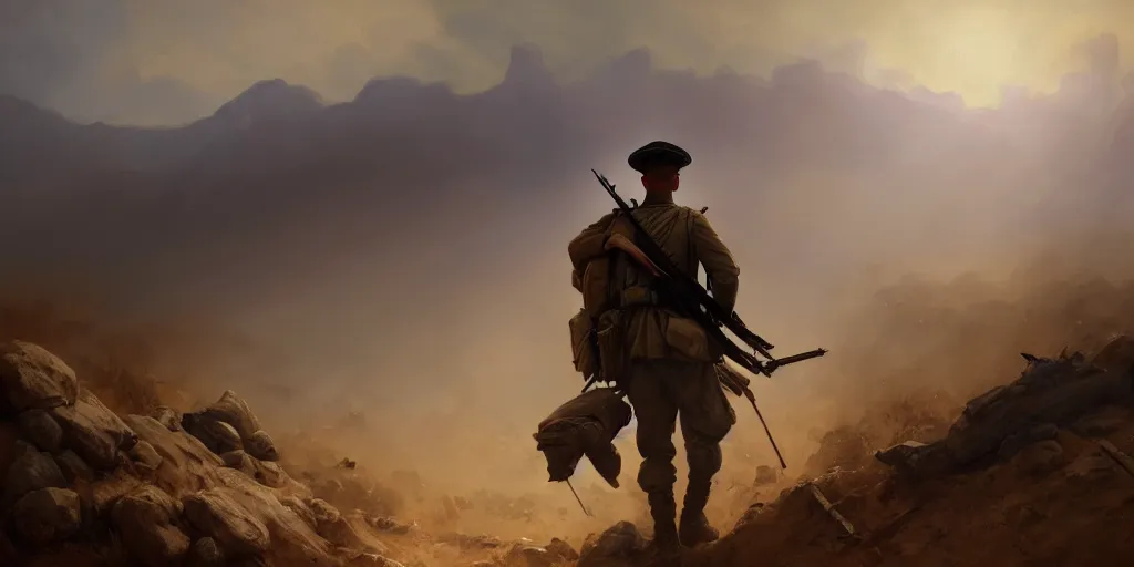 Prompt: a soldier is carrying the turkish flag on a gallipoli campaign, battlefield 1, extremely detailed digital painting, in the style of fenghua zhong and ruan jia and jeremy lipking and peter mohrbacher, mystical colors, rim light, beautiful lighting, 8 k, stunning scene, raytracing, octane, trending on artstation