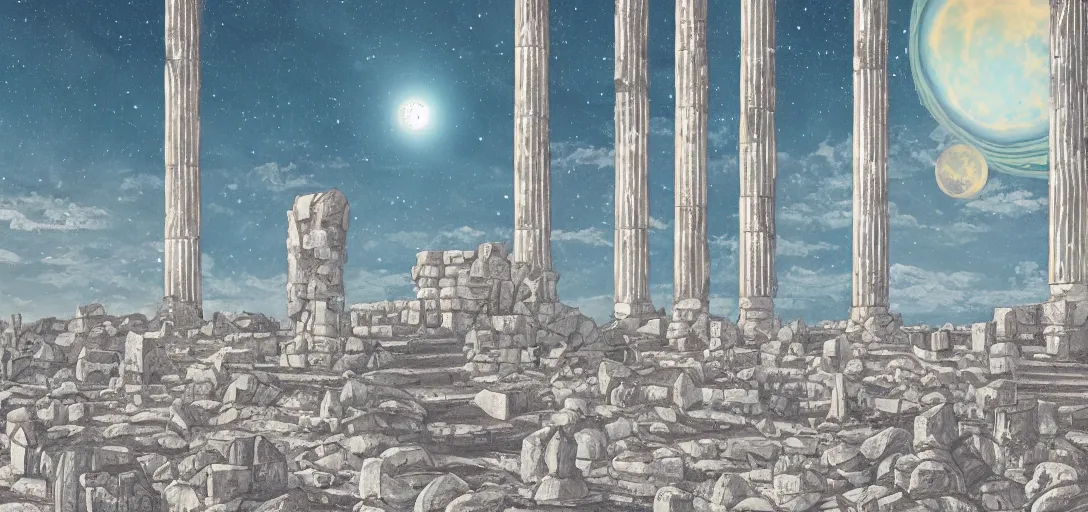 Image similar to The ruins of the Silver Millennium on the moon from Sailor Moon, digital painting, Earth in the distance, Greek-esque columns and ruins