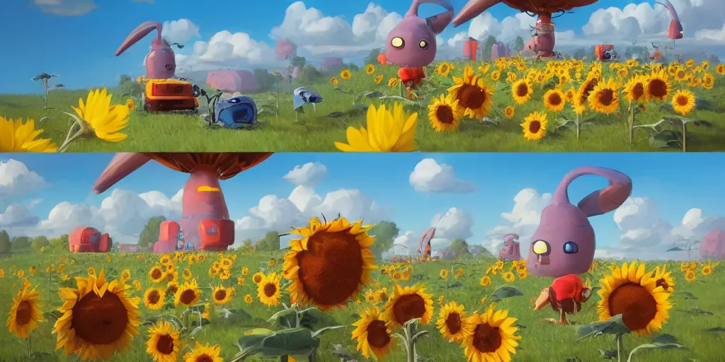 Prompt: Cute cartoon characters and sunflowers by Goro Fujita and Simon Stalenhag , 8k, trending on artstation, hyper detailed, cinematic