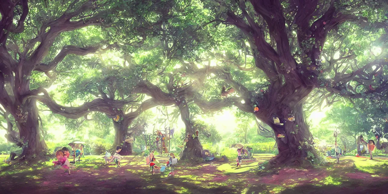 Image similar to 8 k ， an illustration of a children's playground under a big tree ， spring atmosphere ， by ashno alice and raja nanadepu ， trend on artgerm ， featured on artstation