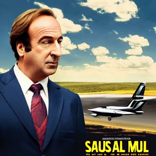 Prompt: movie poster of saul goodman flying a plane, high quality, high detail