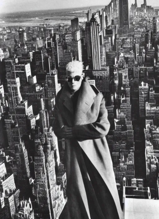 Image similar to a photograph, year 1925, high quality render, ultradetailed, Sandman Morpheus on rooftop of empire state building Staring at horizon