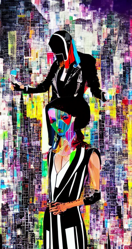 Image similar to cypherpunk high priestess fashion illustration, camera face, city street background with high tall buildings, kodachrome, abstract portrait highly detailed, finely detailed