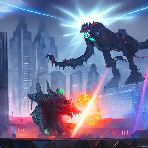 Image similar to enormous mech dragon firing a laserbeam at the center of a big city, cinematic, concept art, digital painting