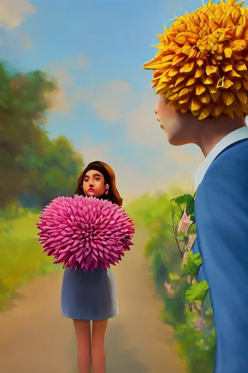 Image similar to closeup giant dahlia flower head, girl in a suit on a street, surreal photography, blue sky, sunrise, dramatic light, impressionist painting, digital painting, artstation, simon stalenhag