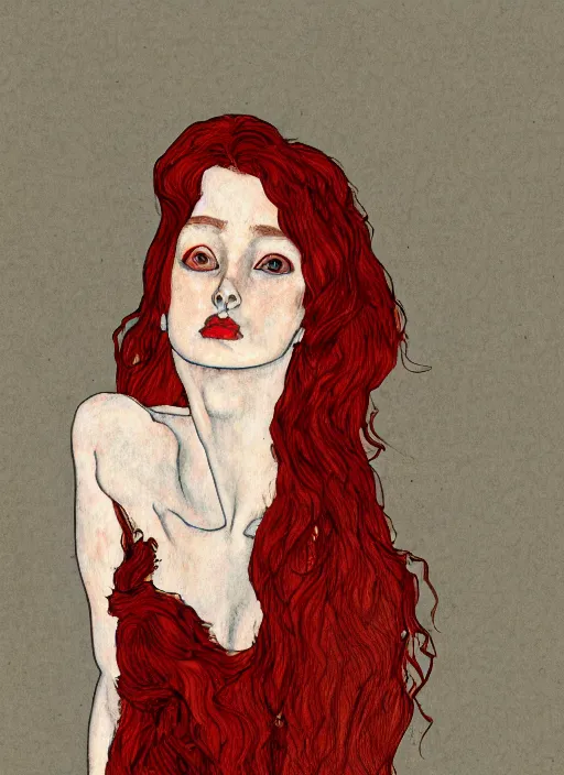 Prompt: dramatic ethereal full length illustration of a beautiful red hair woman in the art style of Egon Schiele, not realistic, sharp focus, 8k high definition, insanely detailed, intricate, elegant