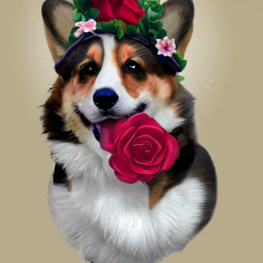 Image similar to A corgi with a crown made out of roses, artstation, highly detailed, digital art