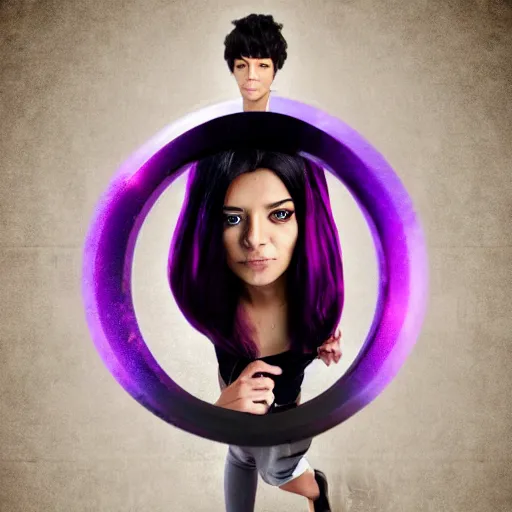 Image similar to poster artwork, sci fi, a female, full body, black hoodie techie, black hair with purple streaks, 8 k