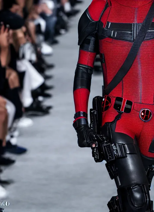 Image similar to hyperrealistic and heavy detailed balenciaga runway show of deadpool, leica sl 2 5 0 mm, vivid color, high quality, high textured, real life