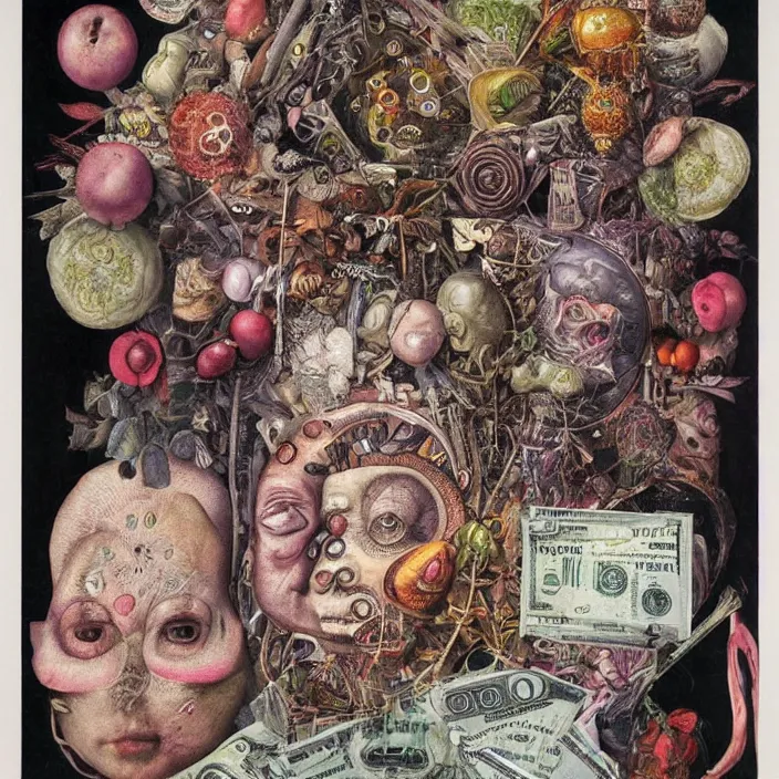 Prompt: new age album cover, asymmetrical design, dollar bank notes, capitalism, magic, psychedelic, black white pink, highly detailed, magic, giger h. r., giuseppe arcimboldo