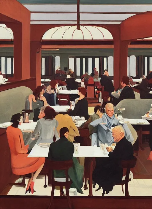 Image similar to Anthony Hopkins reading newspaper at the restaurant packed with women that look like Gal Gadot in the style of Francis Bacon and Frank Lloyd Wright, art deco interior, skylight open ceiling, highly detailed, painted by Edward Hopper, painted by James Gilleard