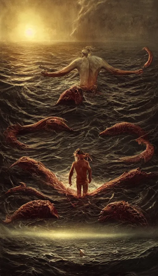 Prompt: man on boat crossing a body of water in hell with creatures in the water, sea of souls, by sam spratt