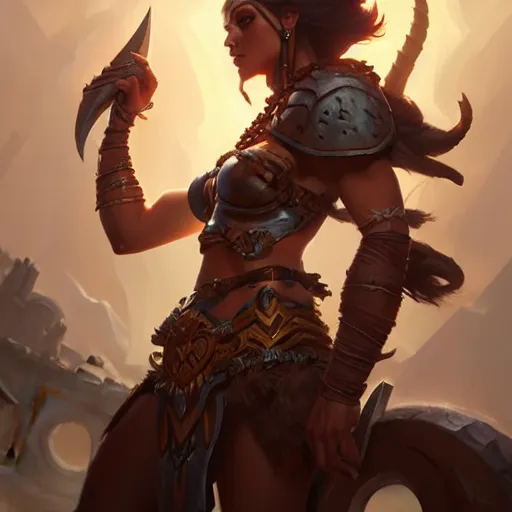 Image similar to barbarian, female, D&D, fantasy, intricate, elegant, highly detailed, digital painting, artstation, octane render, concept art, matte, sharp focus, illustration, hearthstone, art by Artgerm and Greg Rutkowski and Alphonse Mucha