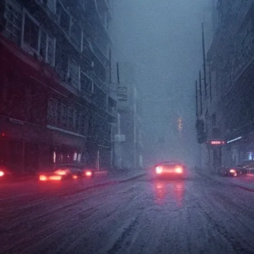 Prompt: empty street Bladerunner 2049 still snowing winter cool lighting soft dark shadows snow melancholic hazy atmospheric lighting volumetric beautiful Roger Deakins Cinematography Jeremy Saulnier