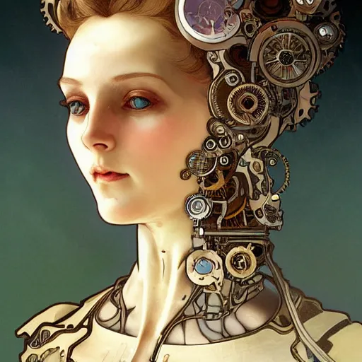 Prompt: A close-up portrait of a beautiful female android wearing an intricate cracked porcelain face by Alphonse Mucha, exposed endoskeleton, bright eyes, steampunk, gears, art nouveau card, concept art, wlop, trending on artstation