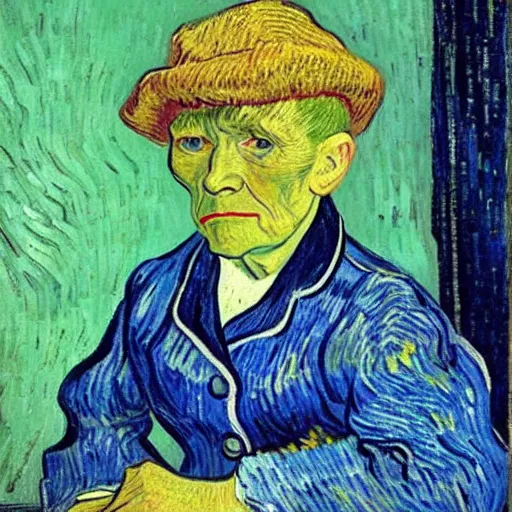 Image similar to van gogh painting of an old lady that fell of her bicycle in front of a dutch farm