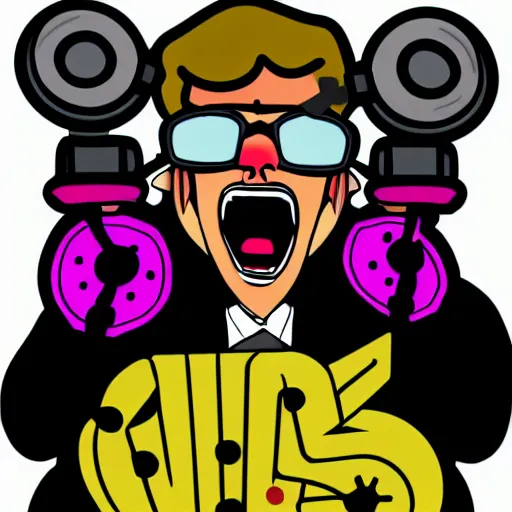 Image similar to svg vector sticker of absolutely insane-mad-scientist-villain, rocking out, wearing headphones, huge speakers, dancing, rave, DJ, spinning records, digital art, amazing composition, rule-of-thirds, award-winning, trending on artstation, featured on deviantart