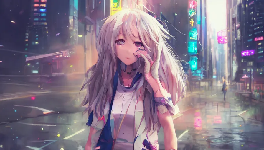 Image similar to cute anime girl in a cyberpunk city by wlop, detailed eyes, heterochromia, bright eyes, closeup, happy expression, laughing, short minidress, light clothing, posing, light rain, hyper real, detailed digital art, idol, photorealistic, trending on art station