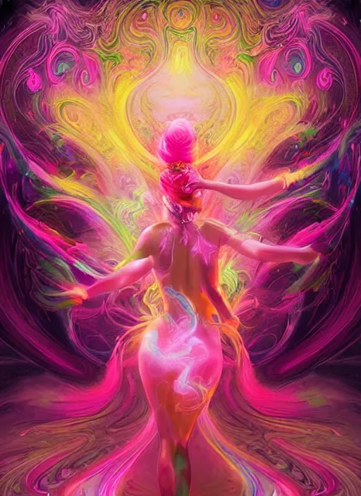 Image similar to psychedelic [ chemiluminescence ] [ [ [ smiling ] ] ] dancing elegant woman chakra spirit with pink hair smoke and fluid dynamics, colorful, psychedelic, ornate, intricate, digital painting, concept art, smooth, sharp focus, illustration, blacklight reacting, art by artgerm and greg rutkowski