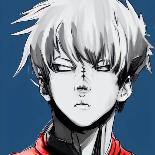 Prompt: Portrait of Shoto Todoroki from My Hero Academia, in the art style of Yoji Shinkawa, trending on Art Station, highly detailed, concept art, great composition