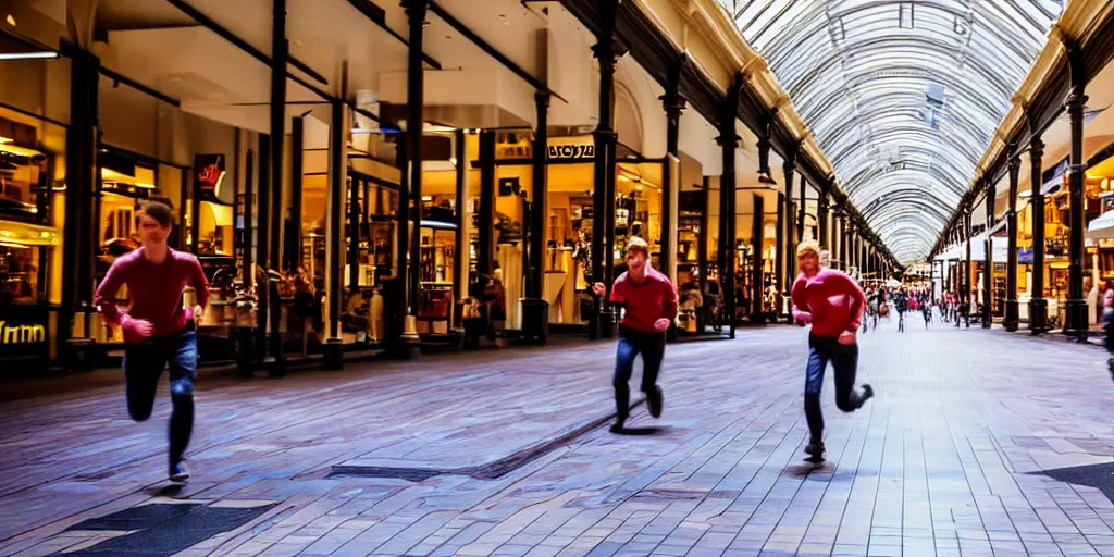 Image similar to A photo of robots running through Adelaide Arcade in Adelaide, Australia, High detail, realistic photo