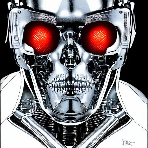 Prompt: super detailed portrait of a terminator's head, packed with cybernetics and and borg enhancements