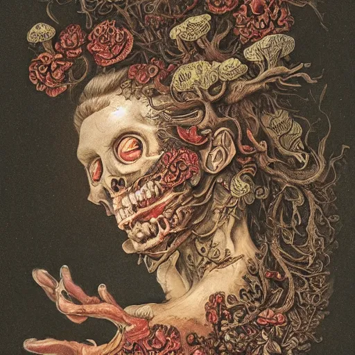 Prompt: a beautiful detailed front view rococo portrait of a rotten woman corpse becoming almost a skull with face muscles, veins, arteries, fractal plants and fractal flowers and mushrooms growing around, intricate, ornate, volumetric light, beautiful lit, beetlejuice