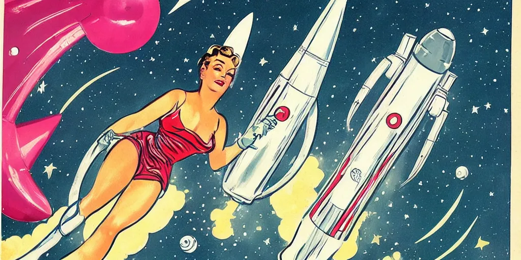 Prompt: 1950's illustration. Sci-Fi. Pinup. Women in the space suit riding retro rocket in the space.
