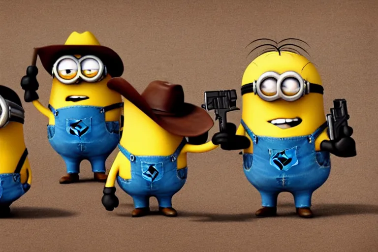 Prompt: minion cowboy holding a gun shootout, 3 5 mm scene from a western movie, 1 9 8 6, color
