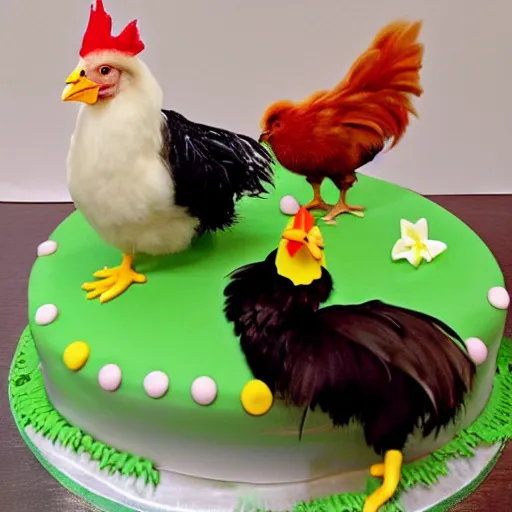 Prompt: a fluffy downed baby chick with a rooster they see a birthday cake having 3 candles