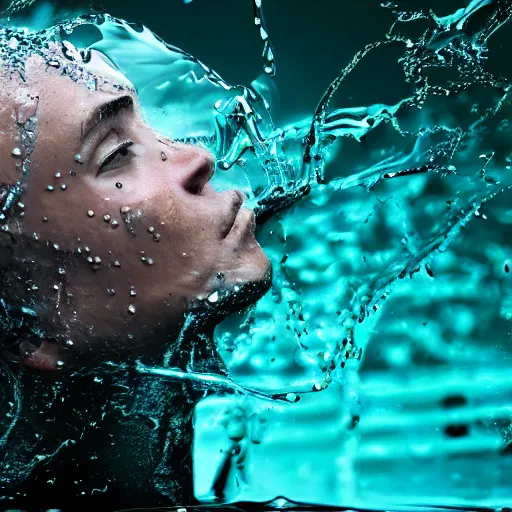 Prompt: water splashes forming a shape of a human head, water manipulation art, ray tracing, realistic water sharp focus, long shot, 8 k resolution, cinematic