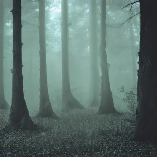 Prompt: a forest creature created from tree roots and branches in a misty forest volumetric lighting eerie atmosphere backlit gray horror shot on film